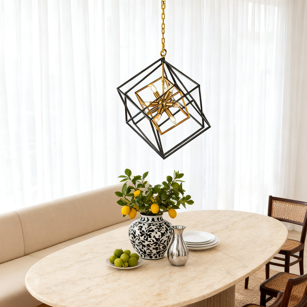 Eye-catching square pendant lights with a nested cubic design, suspended above an oval marble table in a bright, modern room.