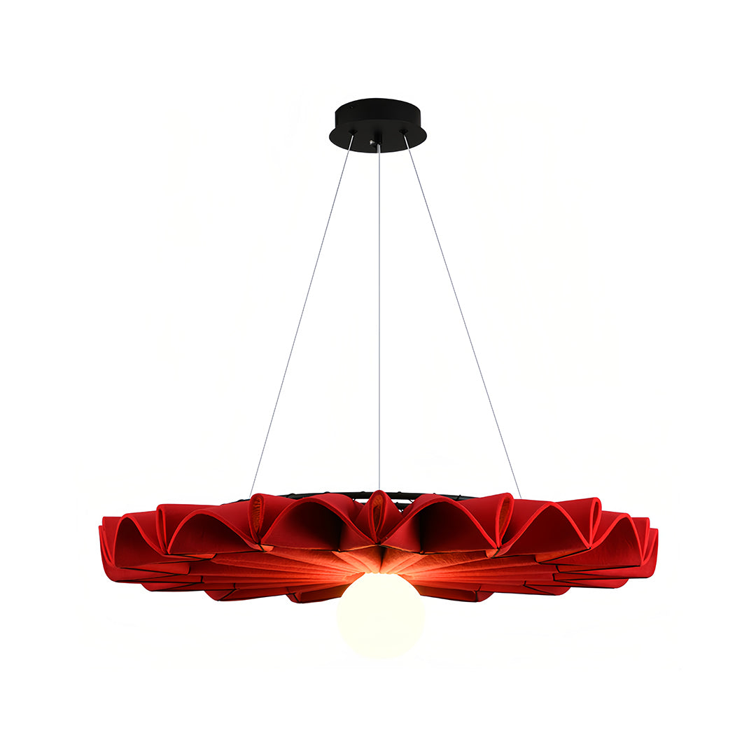 Eye-catching red cloth chandelier casting a strong, focused downward light 