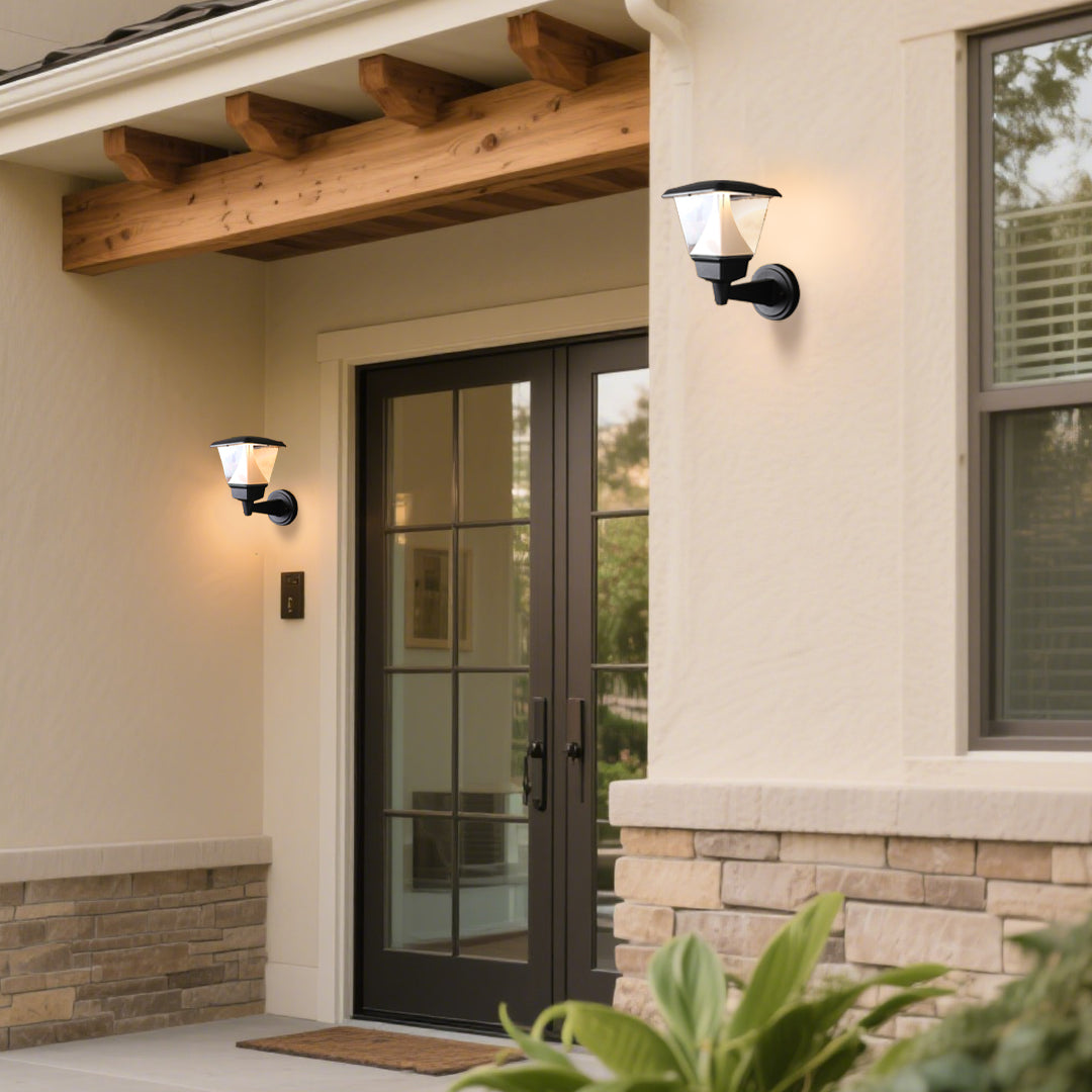 Modern home entrance with sophisticated wall-mounted fixtures providing welcoming ambient illumination