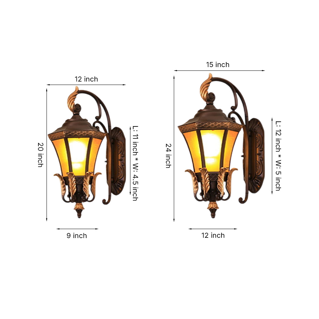 Artistic detail of decorative lantern featuring bronze leaf elements and ornate metalwork typical of classical outdoor lighting