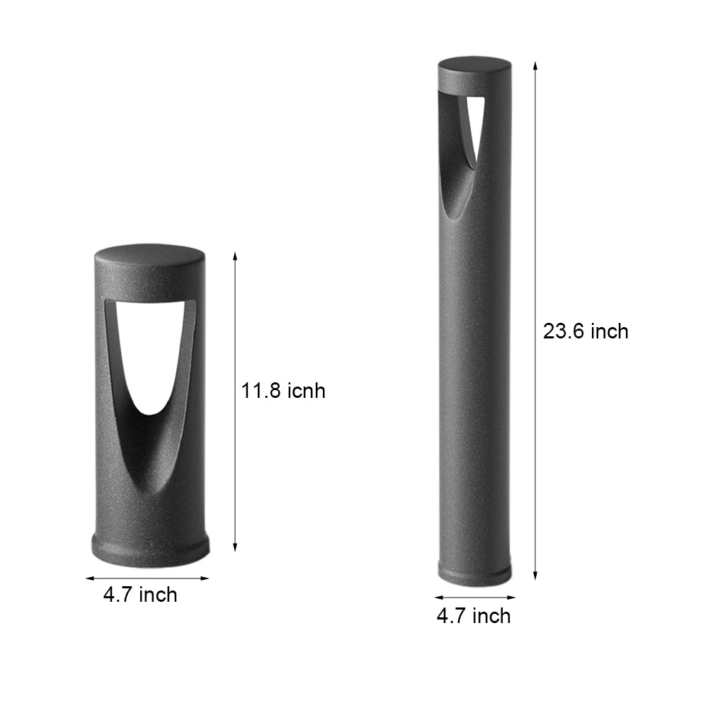 Technical specification drawing displaying dimensions and size comparisons for bollard light series