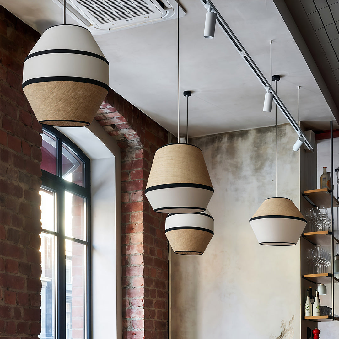 Contemporary fabric pendant light in a home office setting, perfect for adding style and lighting to the workspace.