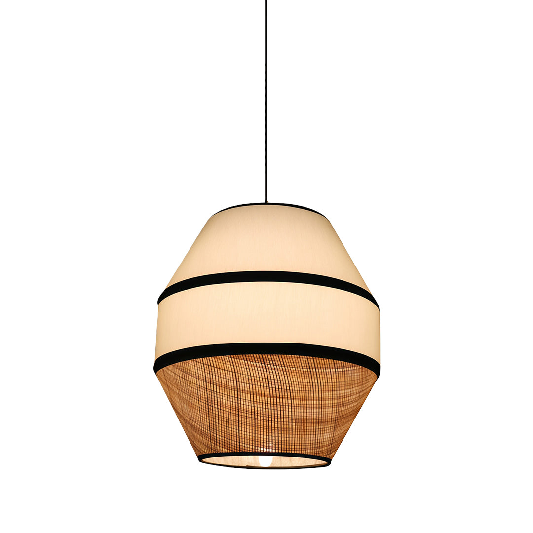 Fabric pendant light shades hanging in a contemporary interior, enhancing the aesthetic of the room.
