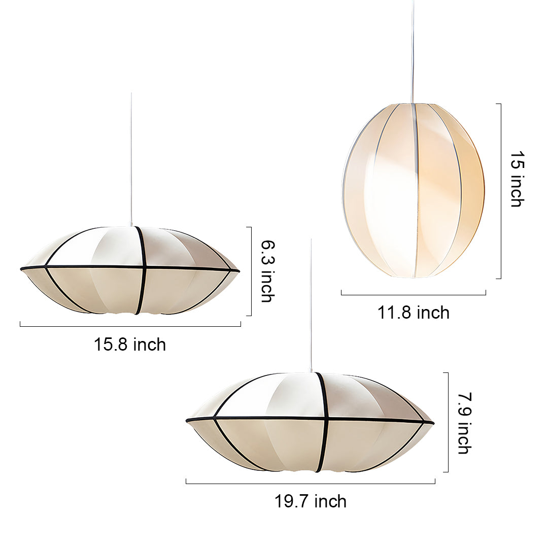 Technical specifications for fabric shade pendant light showing oval design dimensions and measurements