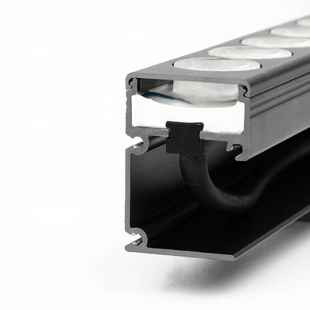 Cross section view of aluminum housing structure of wall washer light.