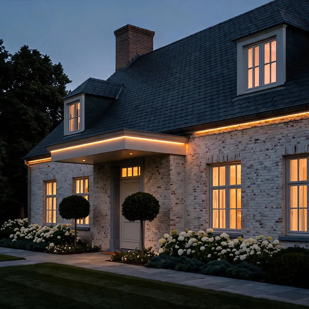 Facade wall washer light mounted under the roof edge of a house, casting warm accent lighting across the front exterior at night.