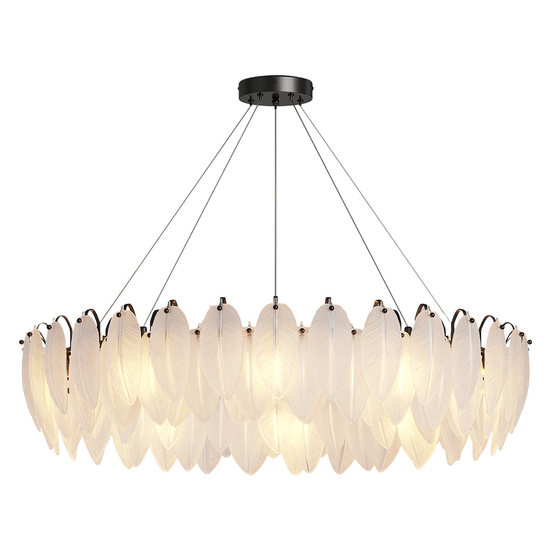 Feather chandeliers enhancing bright living room with curved seating and natural light