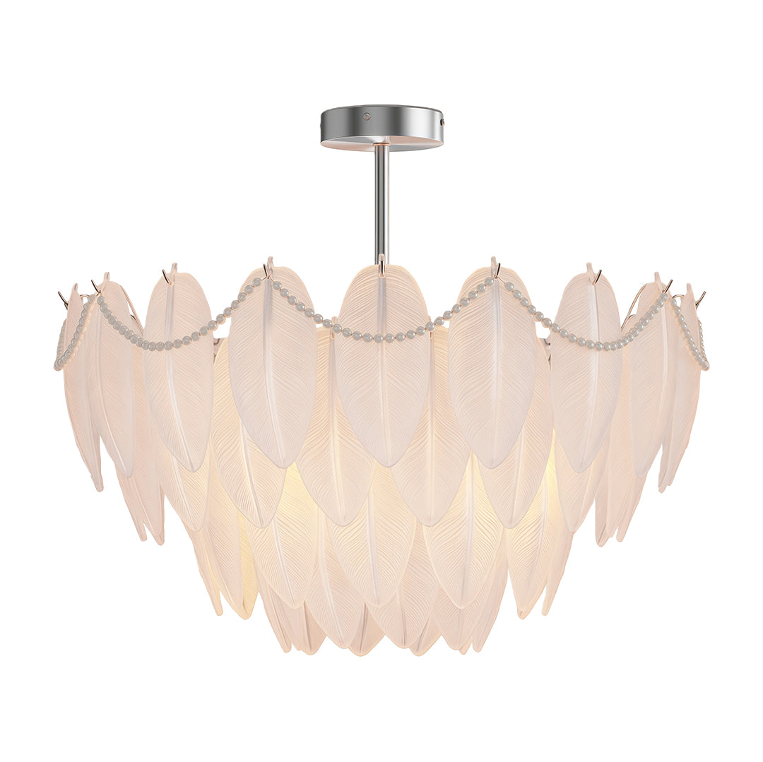 Modern luxury chandeliers lighting bright living room with modern artwork and comfortable seating