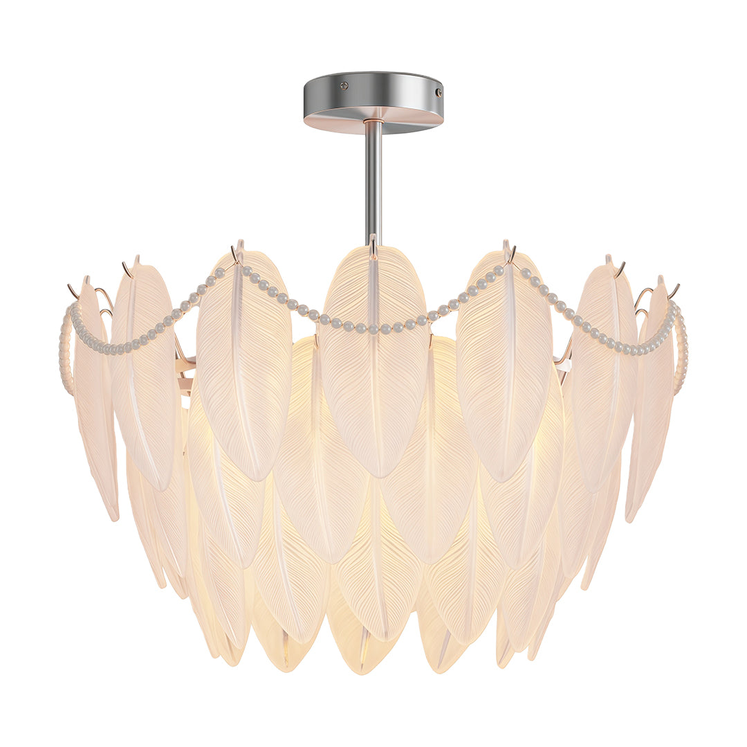 Feathers chandelier close-up showcasing delicate glass petal texture and warm illumination