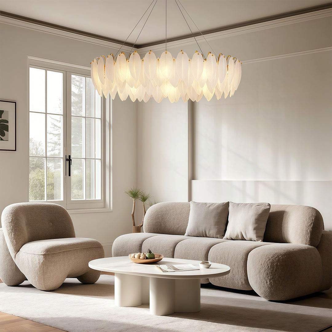 Feather chandeliers close-up detail showcasing intricate frosted glass petal texture