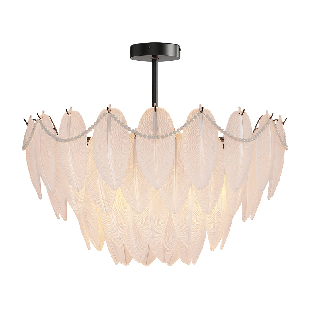 Feathers chandelier above contemporary dining table with sculptural chairs and natural light