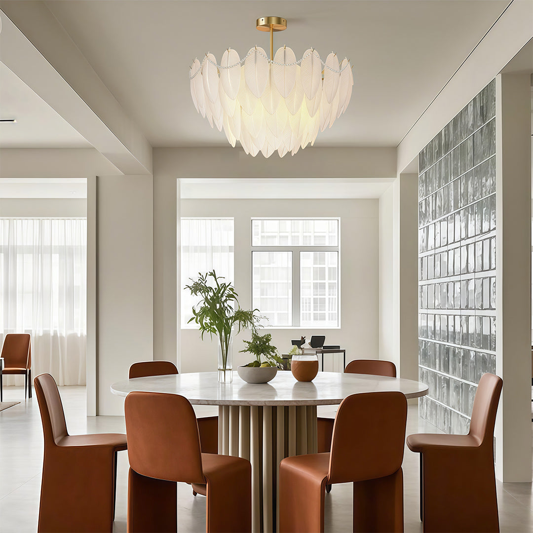 Feathers chandelier detail view highlighting individual glass petals and brass mounting