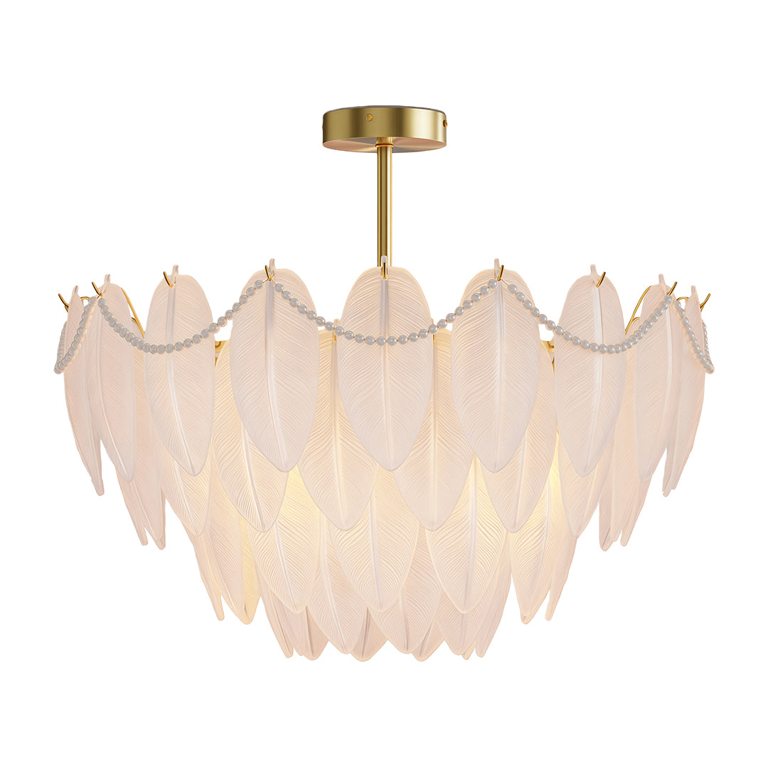 Feathers chandelier enhancing elegant bedroom with upholstered headboard and symmetrical nightstands