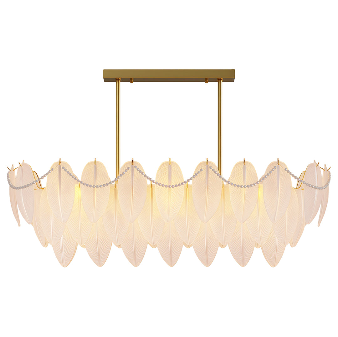 Feathers chandelier enhancing elegant dining room with display cabinet and large windows