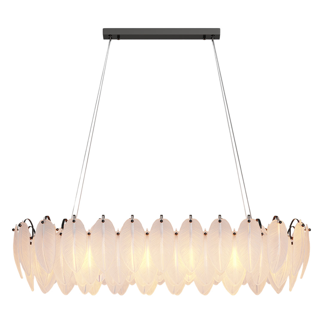 Modern luxury chandeliers lighting elegant dining space with built-in shelving display