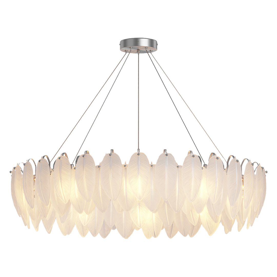 Modern luxury chandeliers creating ambient light in elegant living space with neutral palette