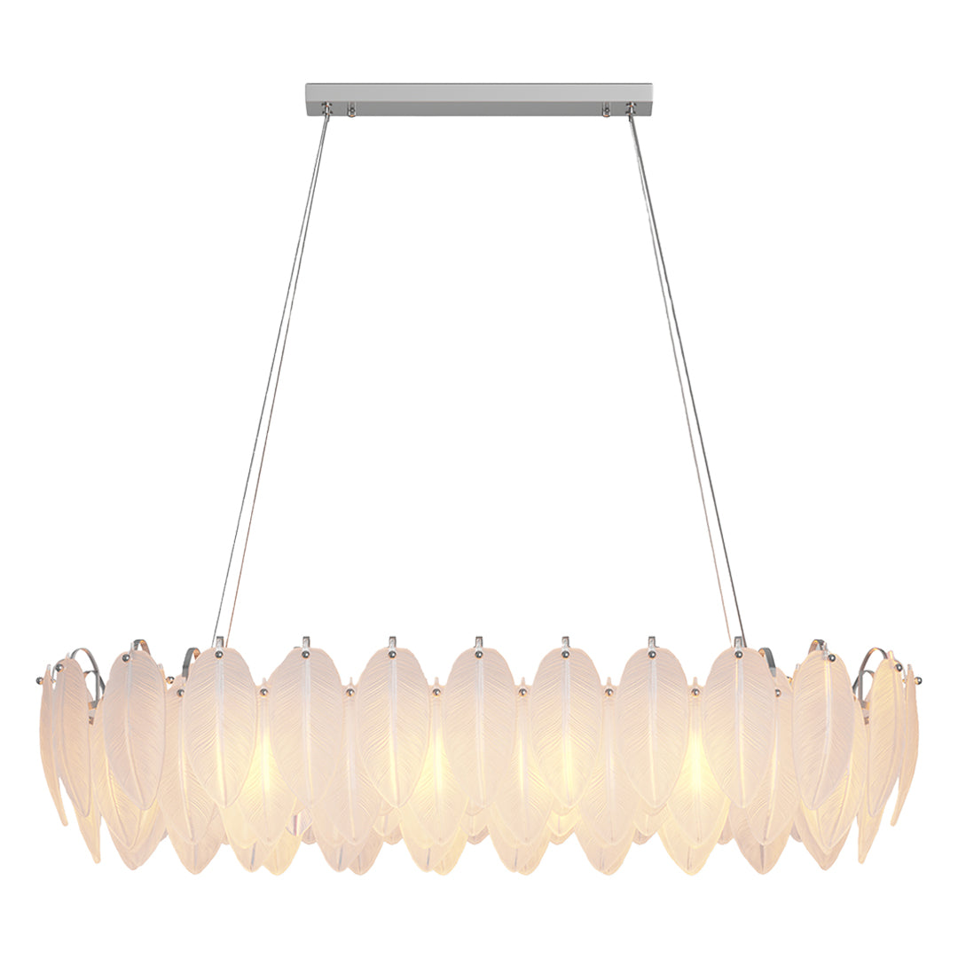 Feather chandeliers providing focal point in minimalist dining room with wooden table