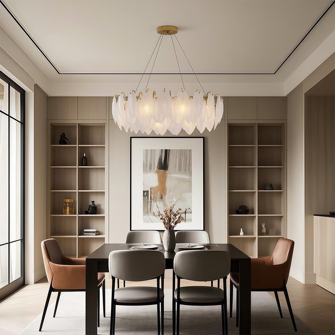 Modern luxury chandeliers enhancing modern dining room with black chairs and pendant light