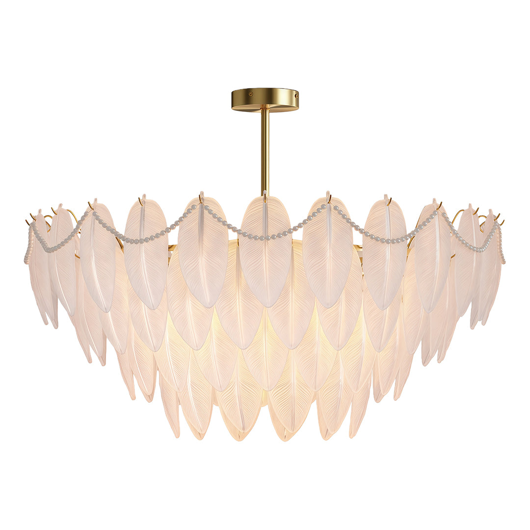 Modern luxury chandeliers illuminating modern dining space with geometric furniture design