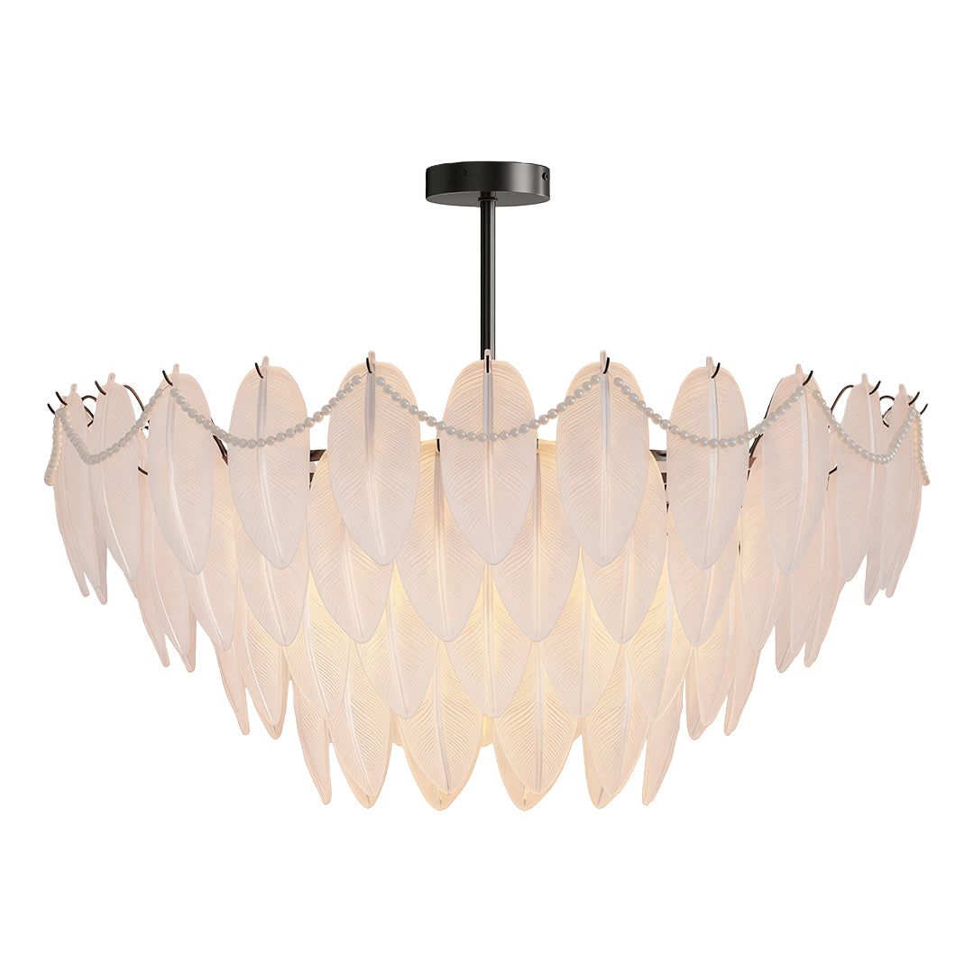 Modern luxury chandeliers lighting open-concept dining area with brown leather chairs