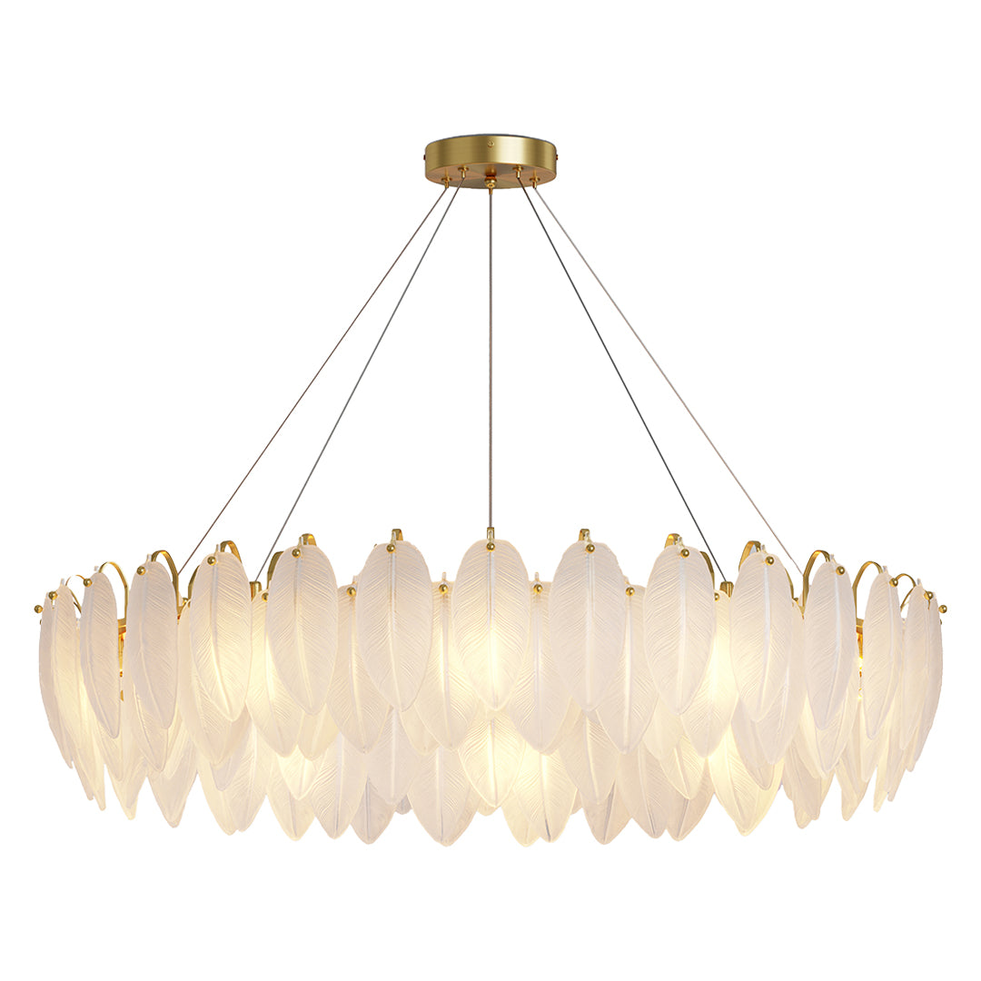 Feather chandeliers illuminating sophisticated dining room with wood paneling and modern furniture