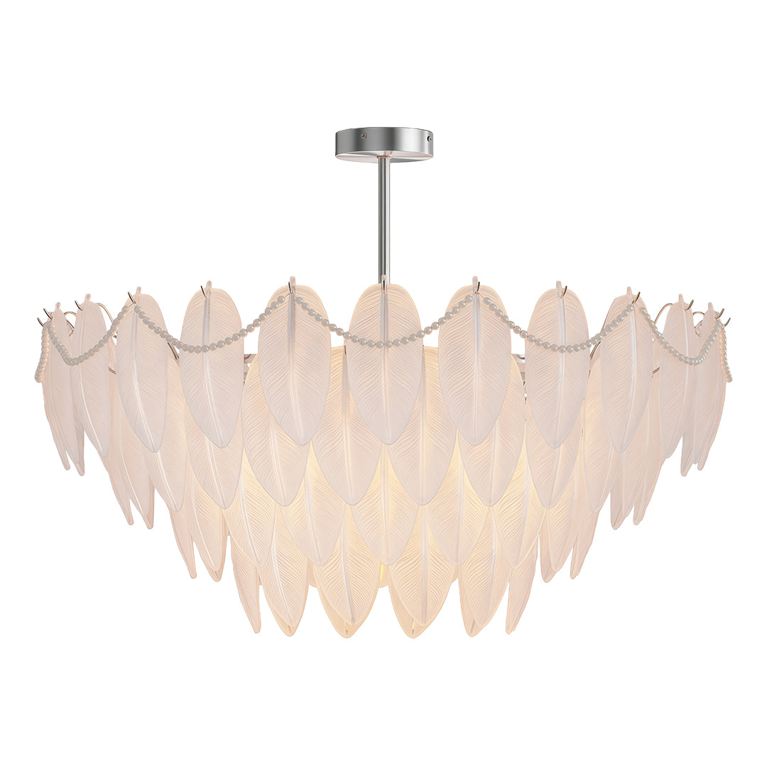 Feathers chandelier creating focal point in sophisticated living room with botanical artwork