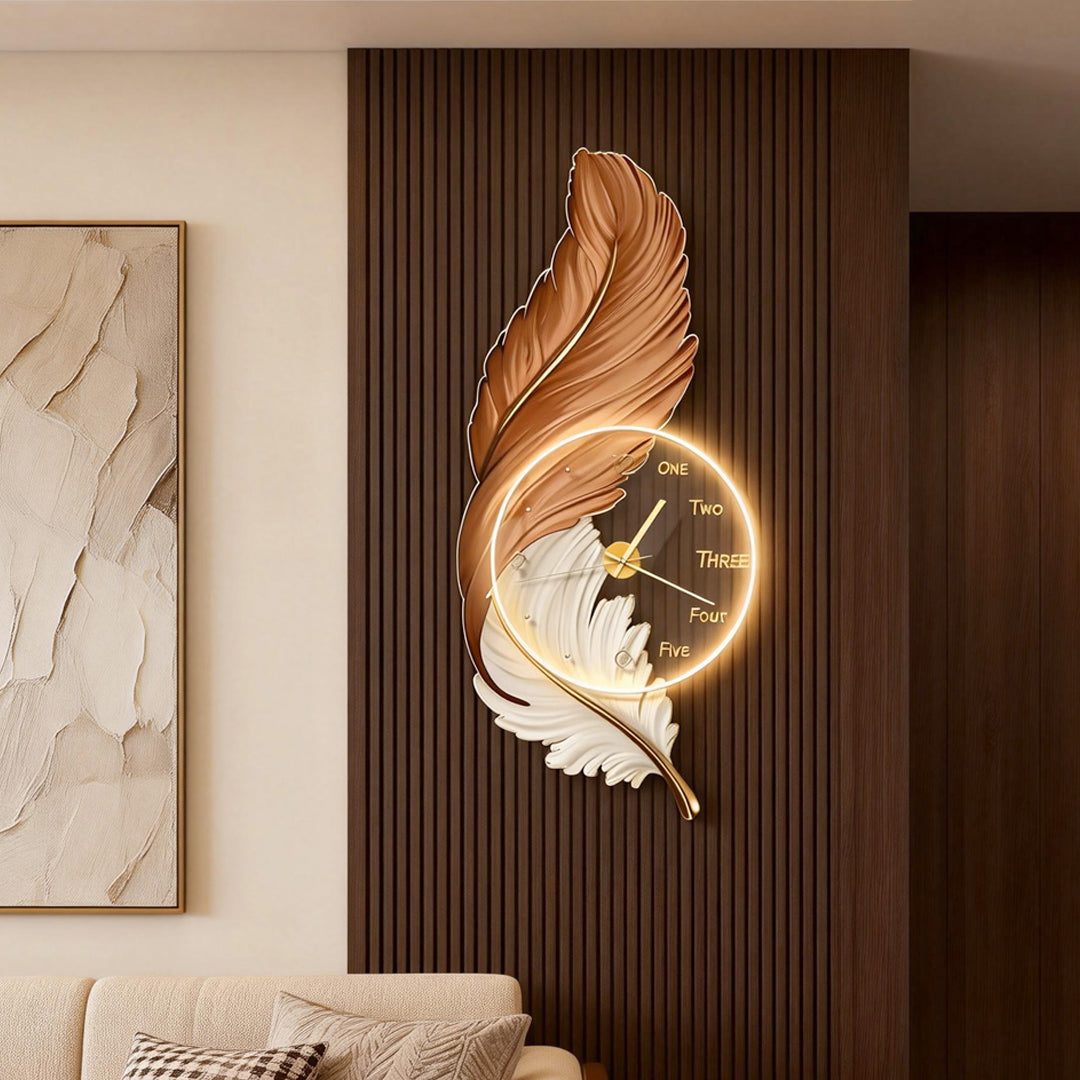 Feather LED wall lamp with warm backlighting mounted above a sofa in a modern living room.