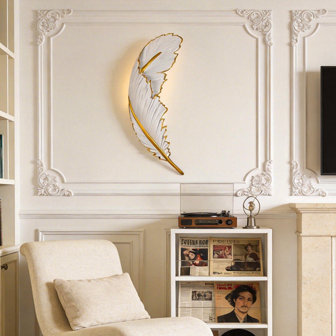Feather LED wall lamp with a sleek design, enhancing a classic bedroom setting.