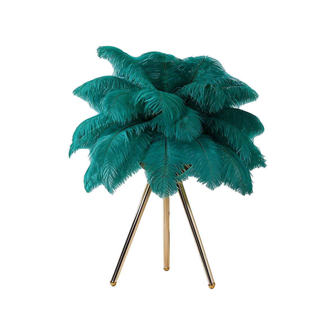 Feather table lamp with a brown feather design, placed on a wooden table.