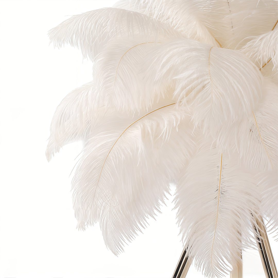 Close-up of feather table lamp showcasing its detailed white feather design.