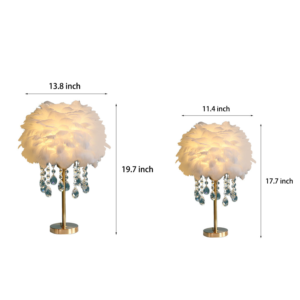 Feather table lamp dimension diagram showing height and shade width.