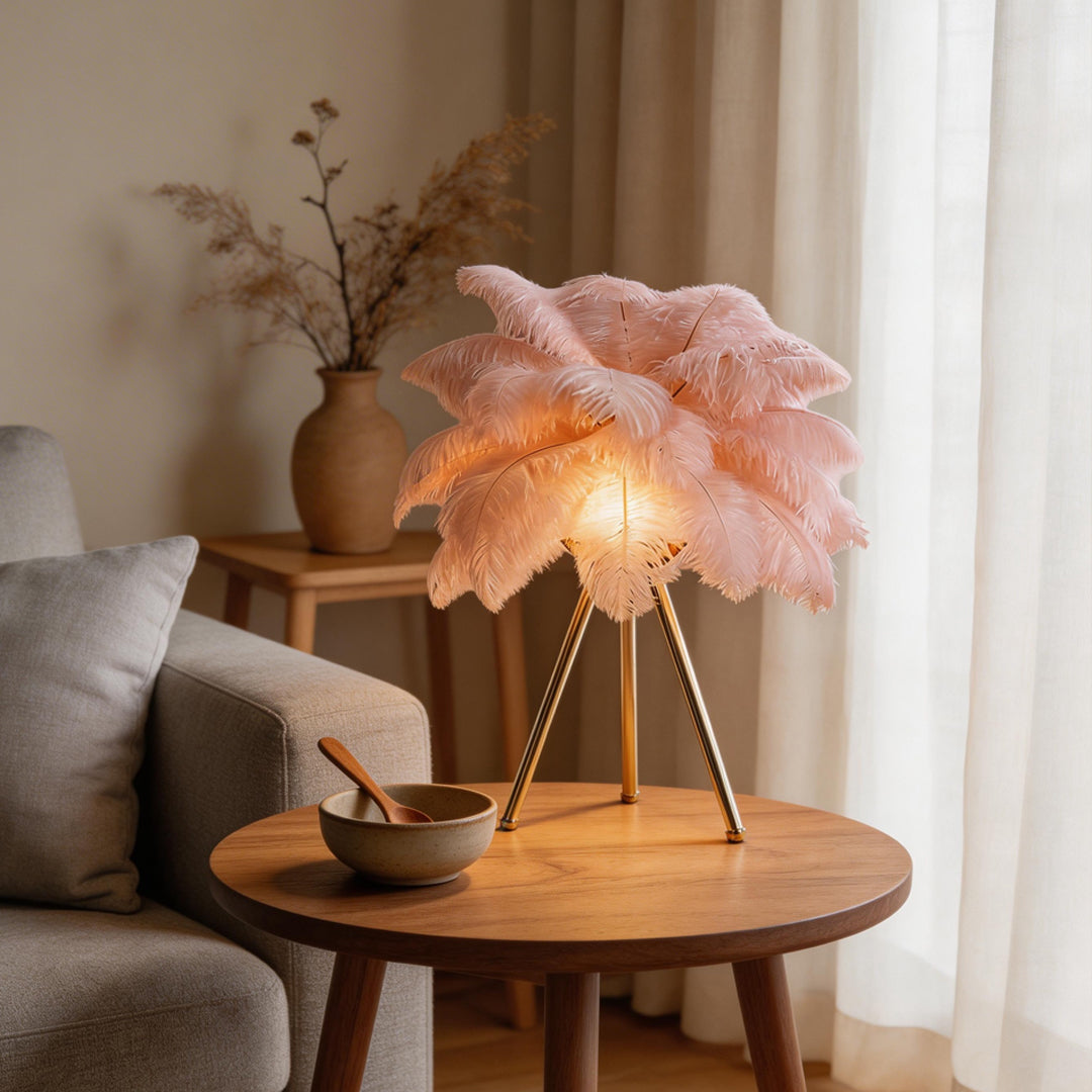 Feather table lamp with a pink feather design, enhancing a modern interior.
