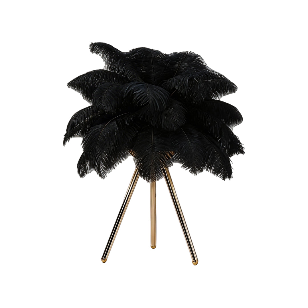 Feather table lamp with a white feather design, placed on a minimalist table.