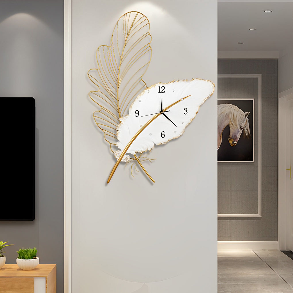 Feather wall clock providing a chic focal point in a cozy bedroom setting.