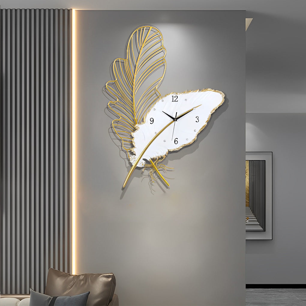 Feather wall clock with detailed view of its golden feather structure.