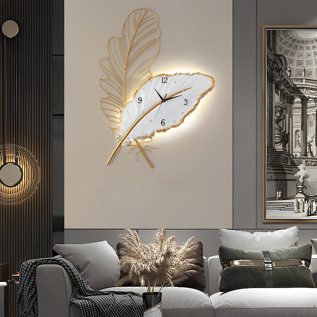 Feather wall clock illuminating a minimalist hallway with artistic flair.