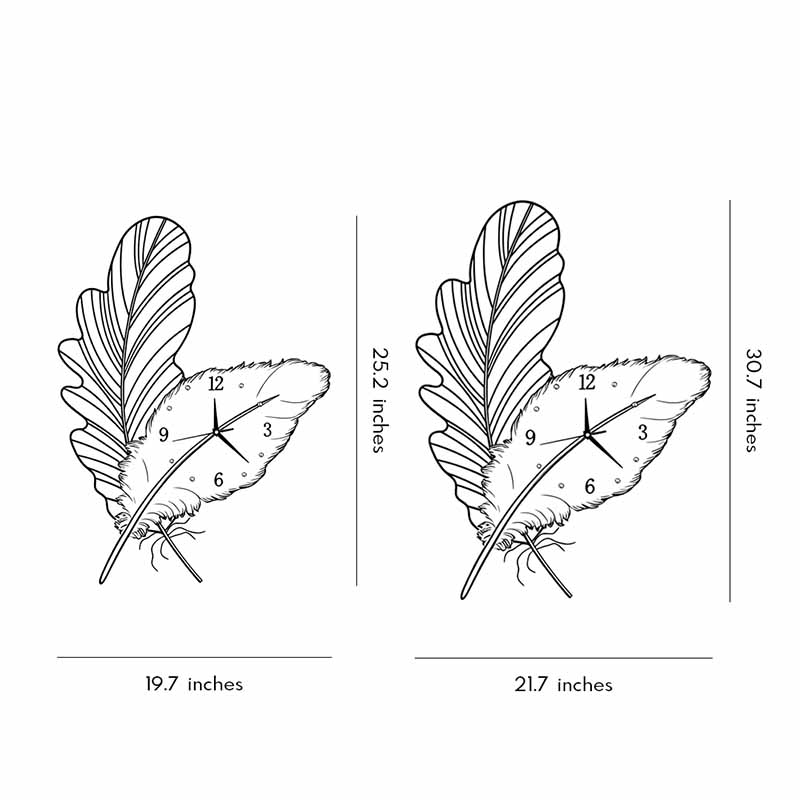 Technical diagram showing dimensions and structure of feather wall clock models.