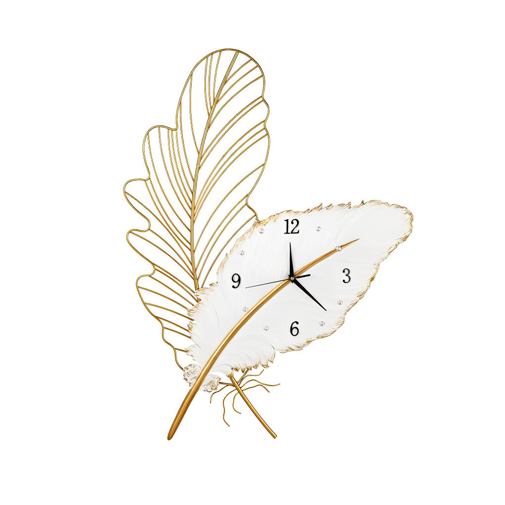 Feather wall clock with white and gold color scheme in a modern setting.