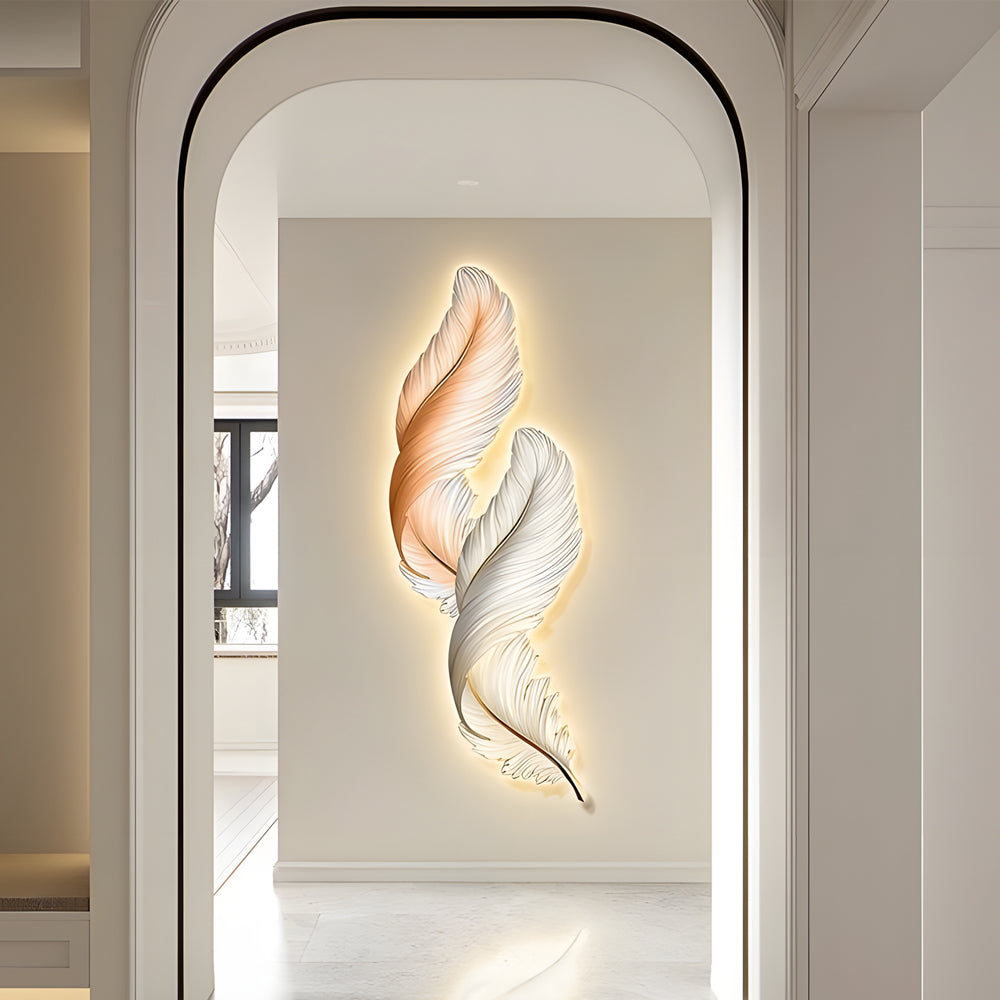 Feather wall decor light framed by an arched doorway, highlighting luxury interior design with gentle illumination.