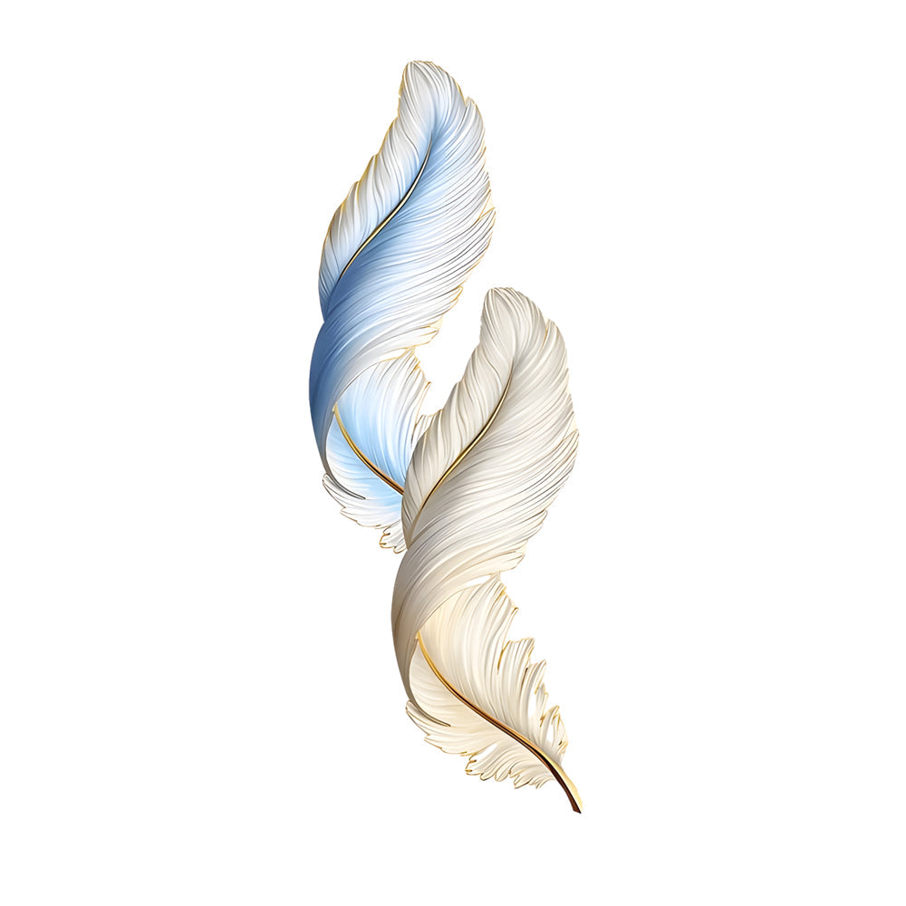 Single feather wall decor light isolated on white background, showcasing layered feather-inspired structure.