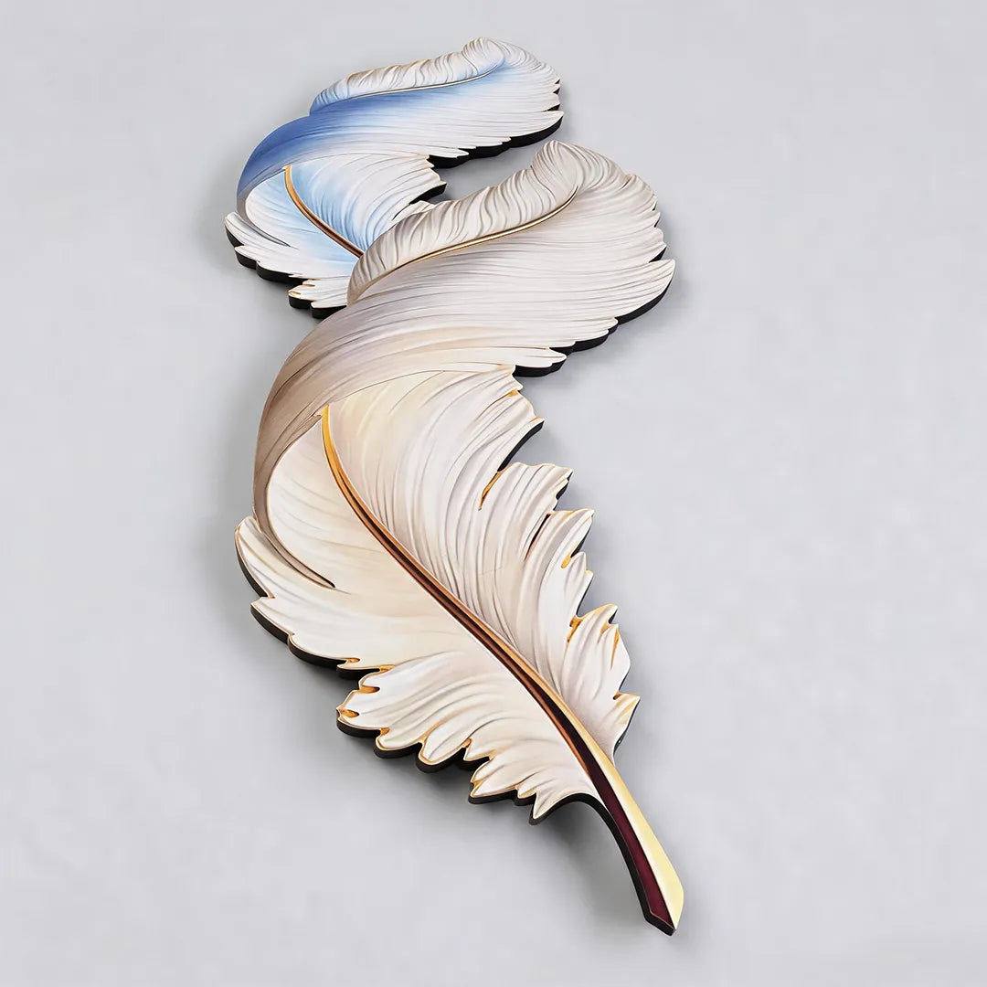 Feather wall decor light featuring layered white feathers, gold edging, and a curved decorative stem.
