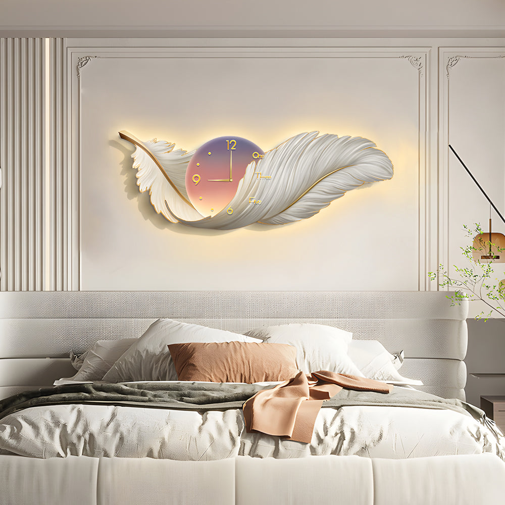 Feather wall lamp mounted above a bed, combining soft ambient lighting with elegant feather-inspired wall art.