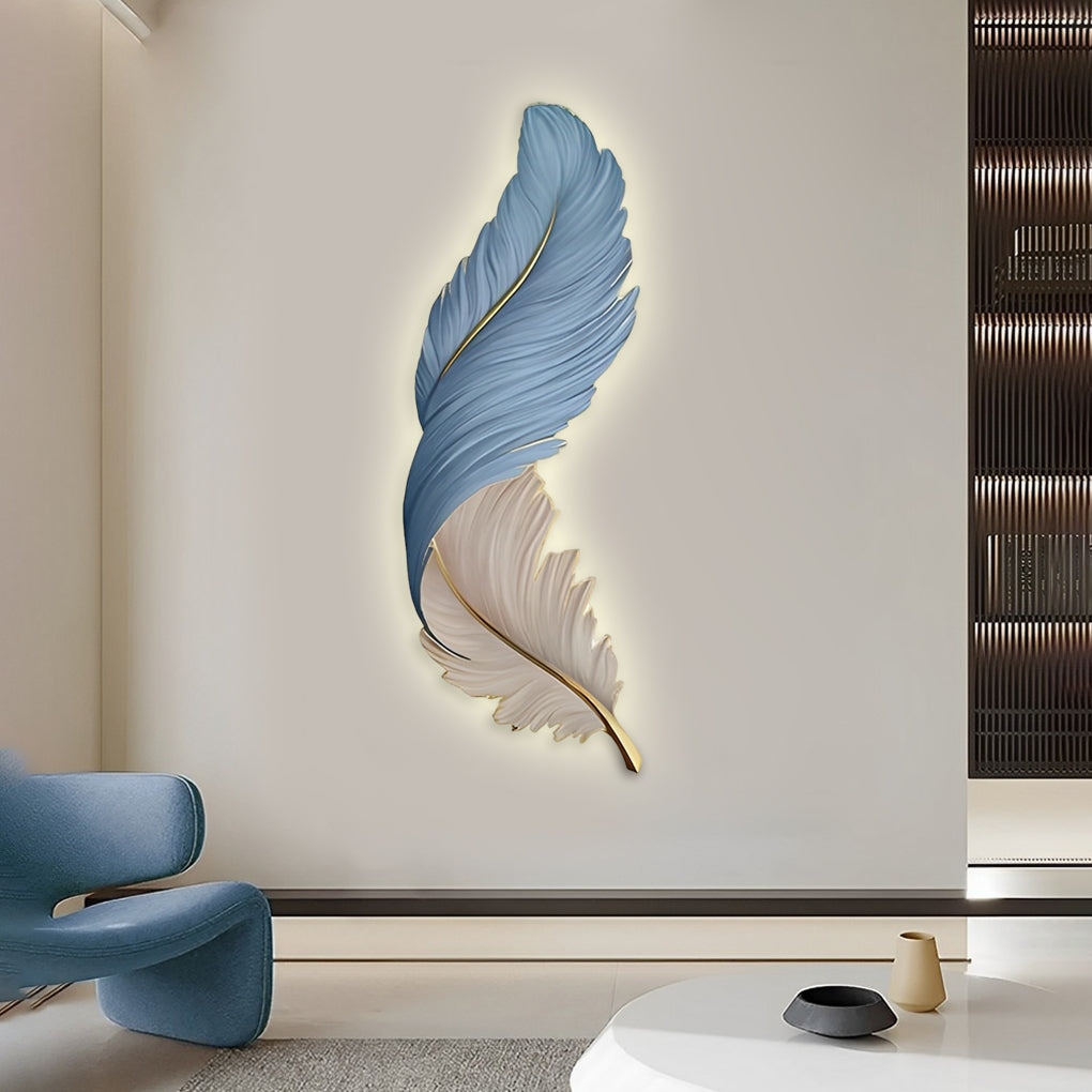 Blue and white feather wall lamp adding a modern artistic touch to interior decor
