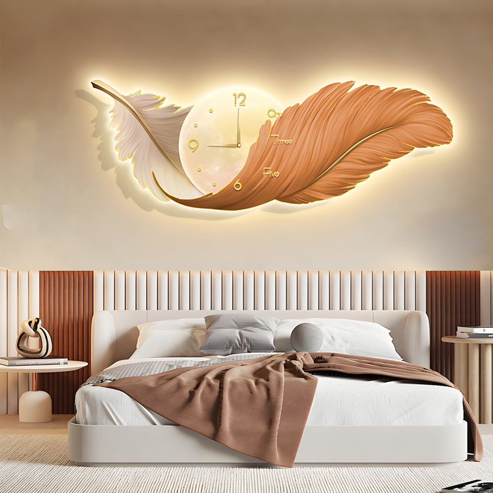 Stylish feather wall lamp featuring a round clock centerpiece, providing soft decorative illumination.