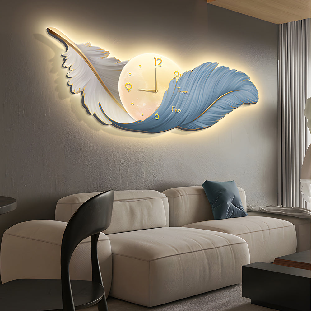 Luxury feather wall lamp glowing in a contemporary lounge, enhancing depth and visual interest on the wall.
