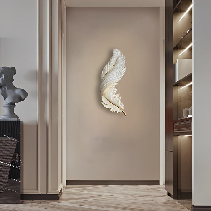 Slim feather wall lamp used as decorative lighting in a corridor