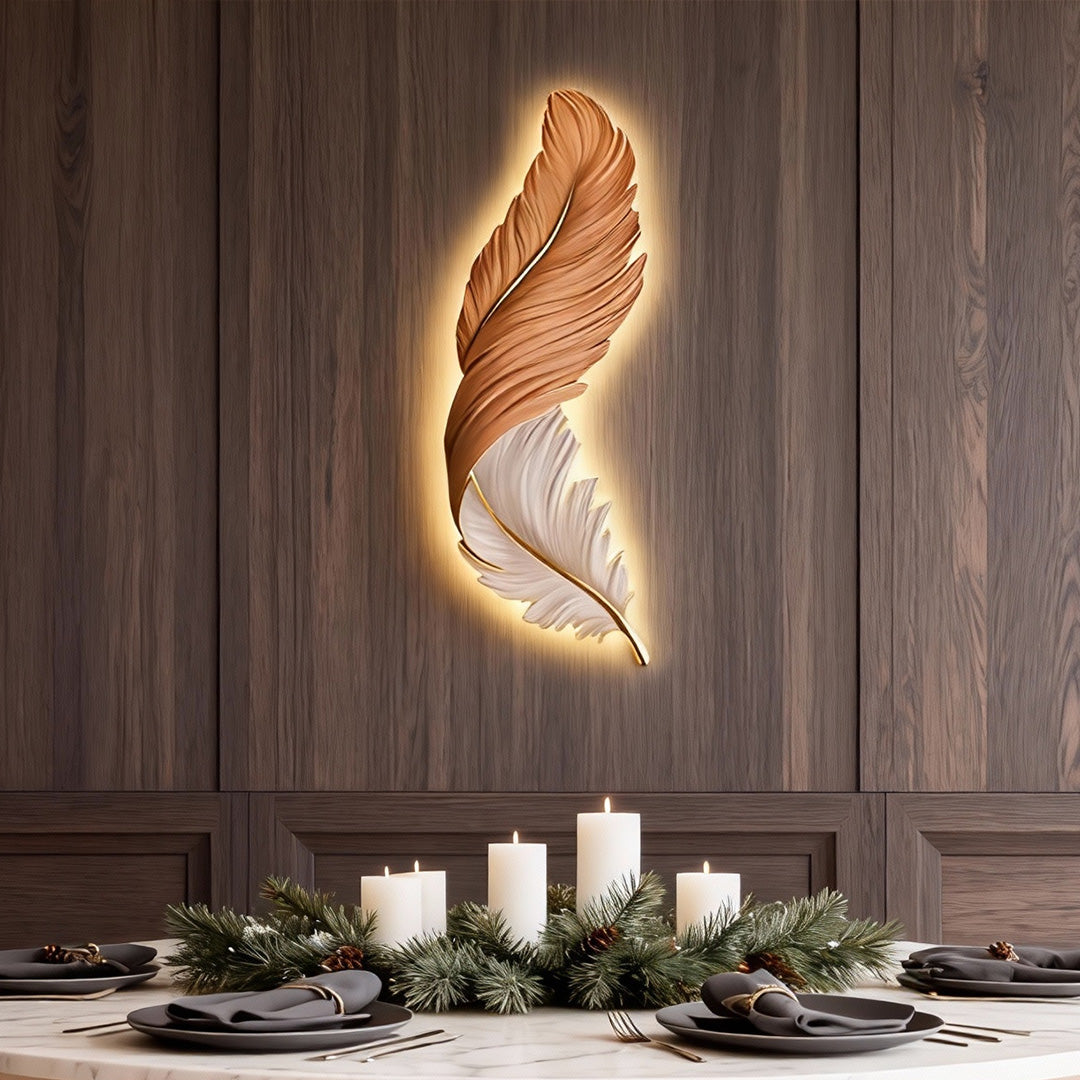 Elegant feather wall lamp used as accent lighting above a dining table
