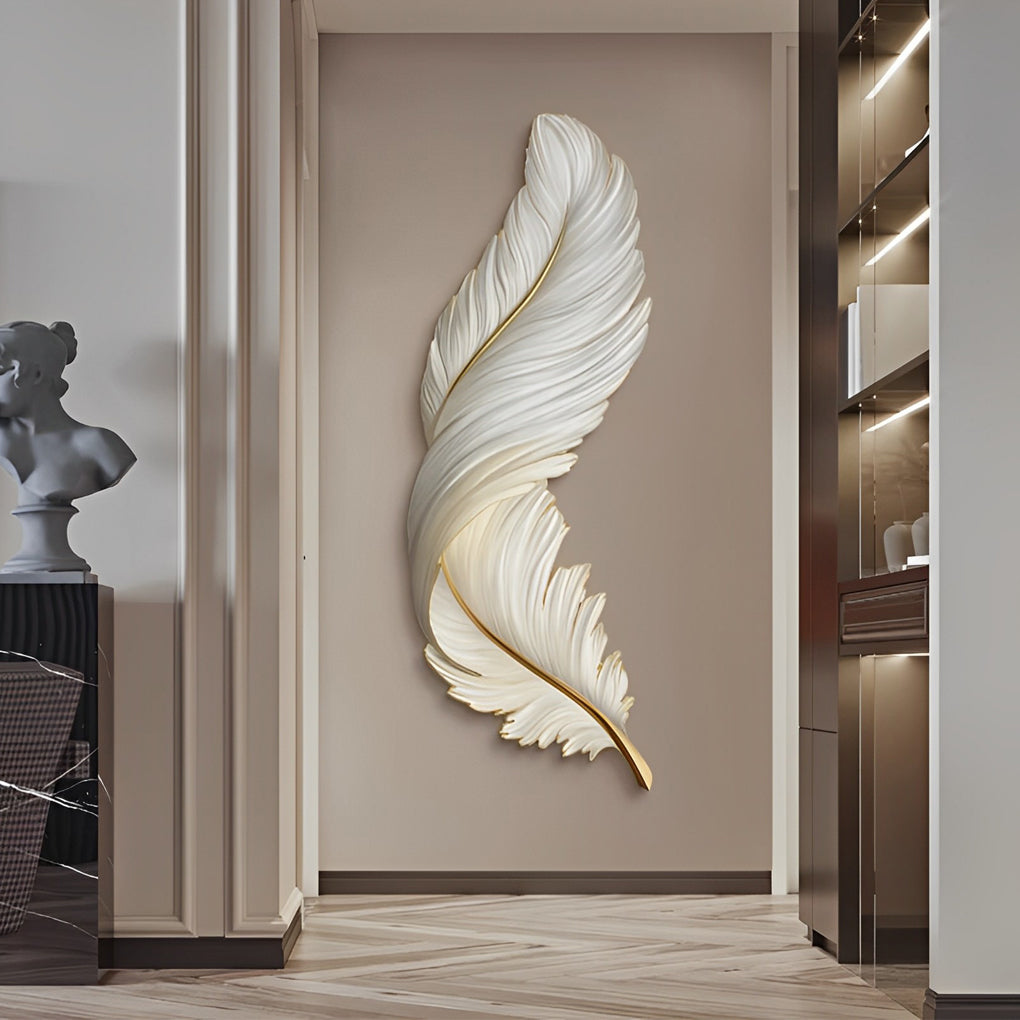 Vertical feather wall lamp enhancing a minimalist hallway interior