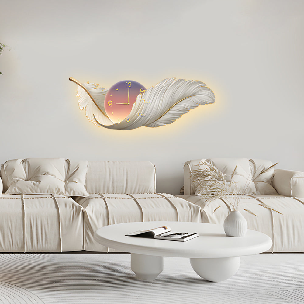 Minimalist feather wall lamp displayed above a sectional sofa, adding sculptural lighting to the space.
