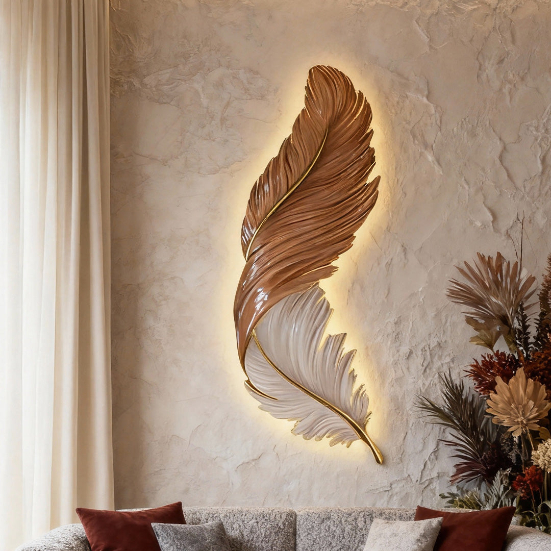 Decorative feather wall lamp mounted on textured wall with soft backlighting